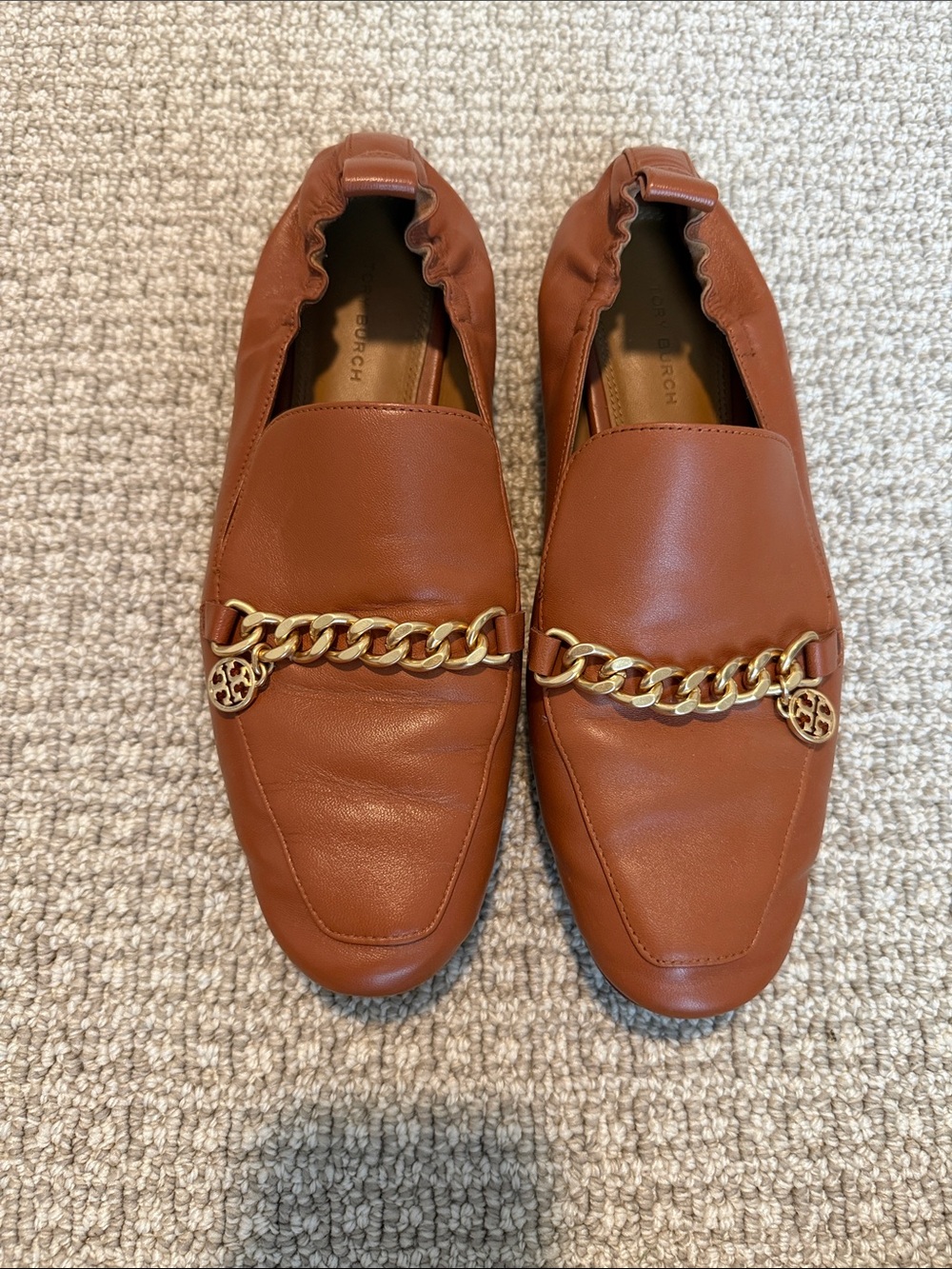 Tory Burch Brown Leather Chain-Accent Loafers